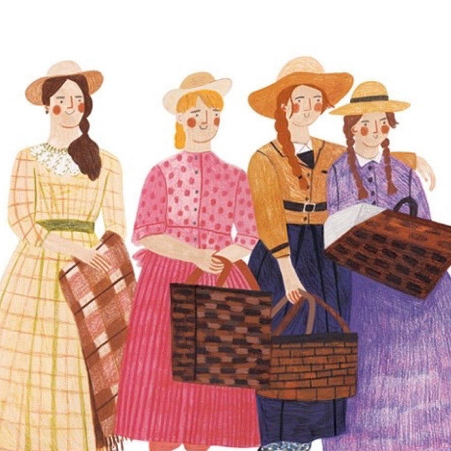 Illustration of four women in vintage attire with picnic baskets on a white background.