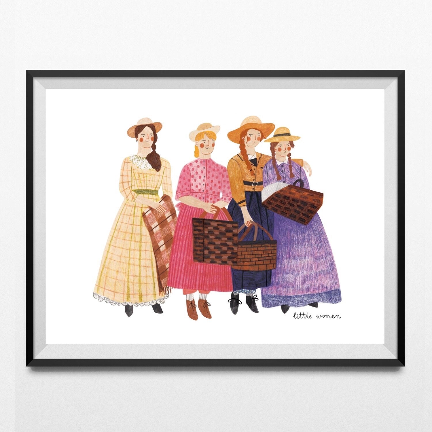 Framed artwork of four women in historical attire with 'Little Women' text.