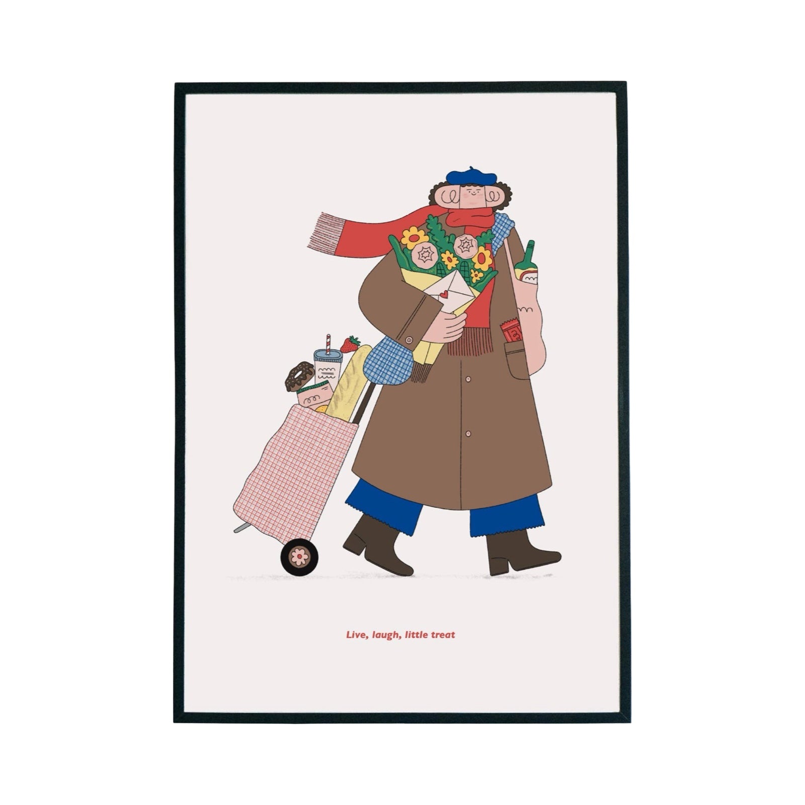 Illustration of a person in a coat with a suitcase and flowers, framed on a white background.