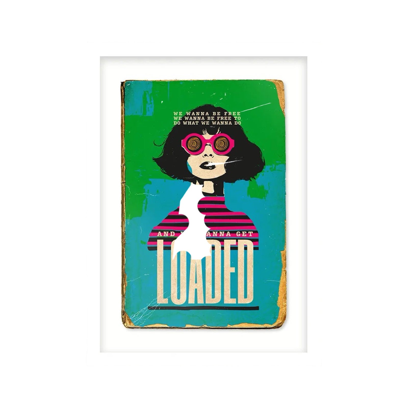 This print features a book cover design with a ladies head wearing psychedelic sunglasses.