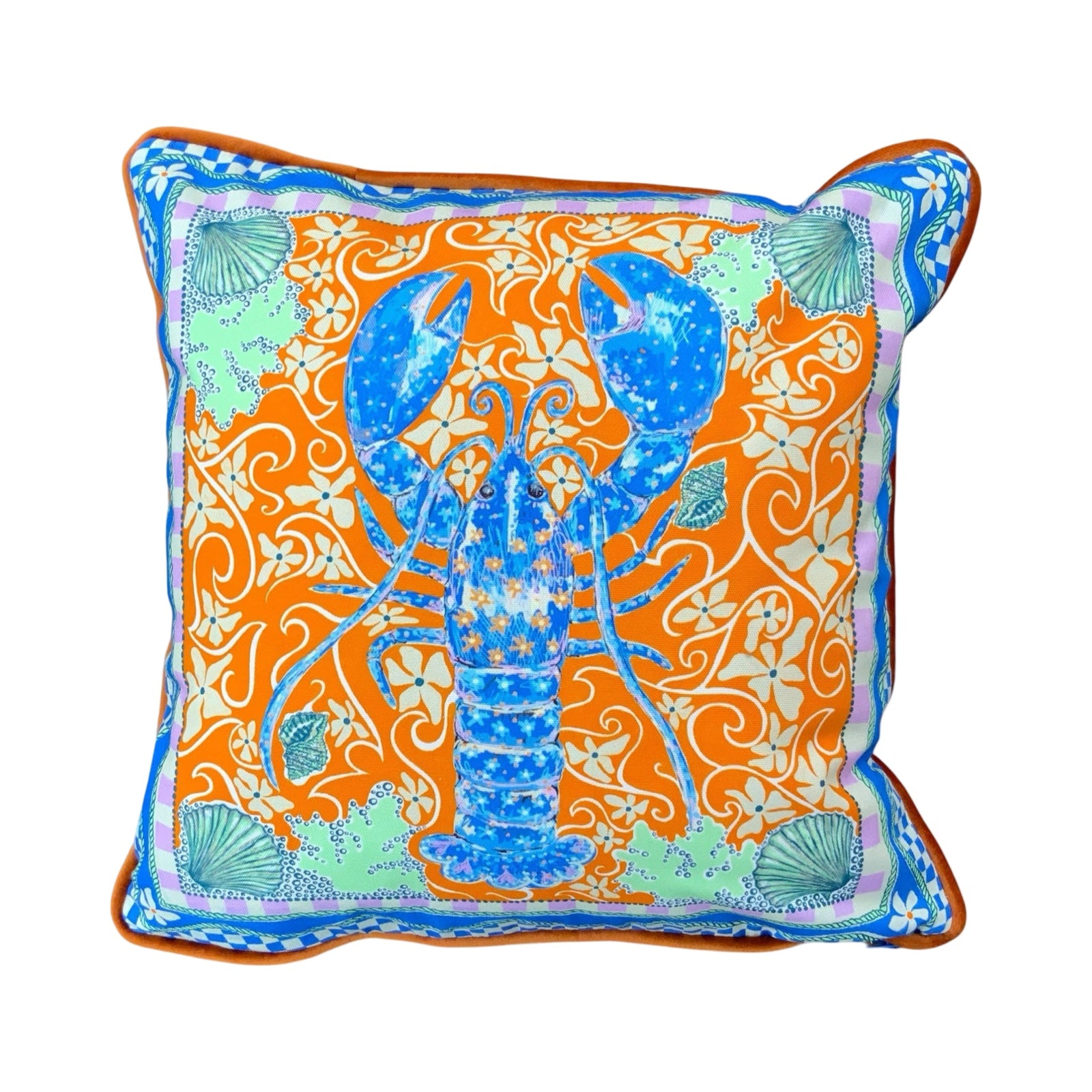 Colourful cushion featuring a blue lobster on an orange floral background with green sea shells and a blue and white checked border