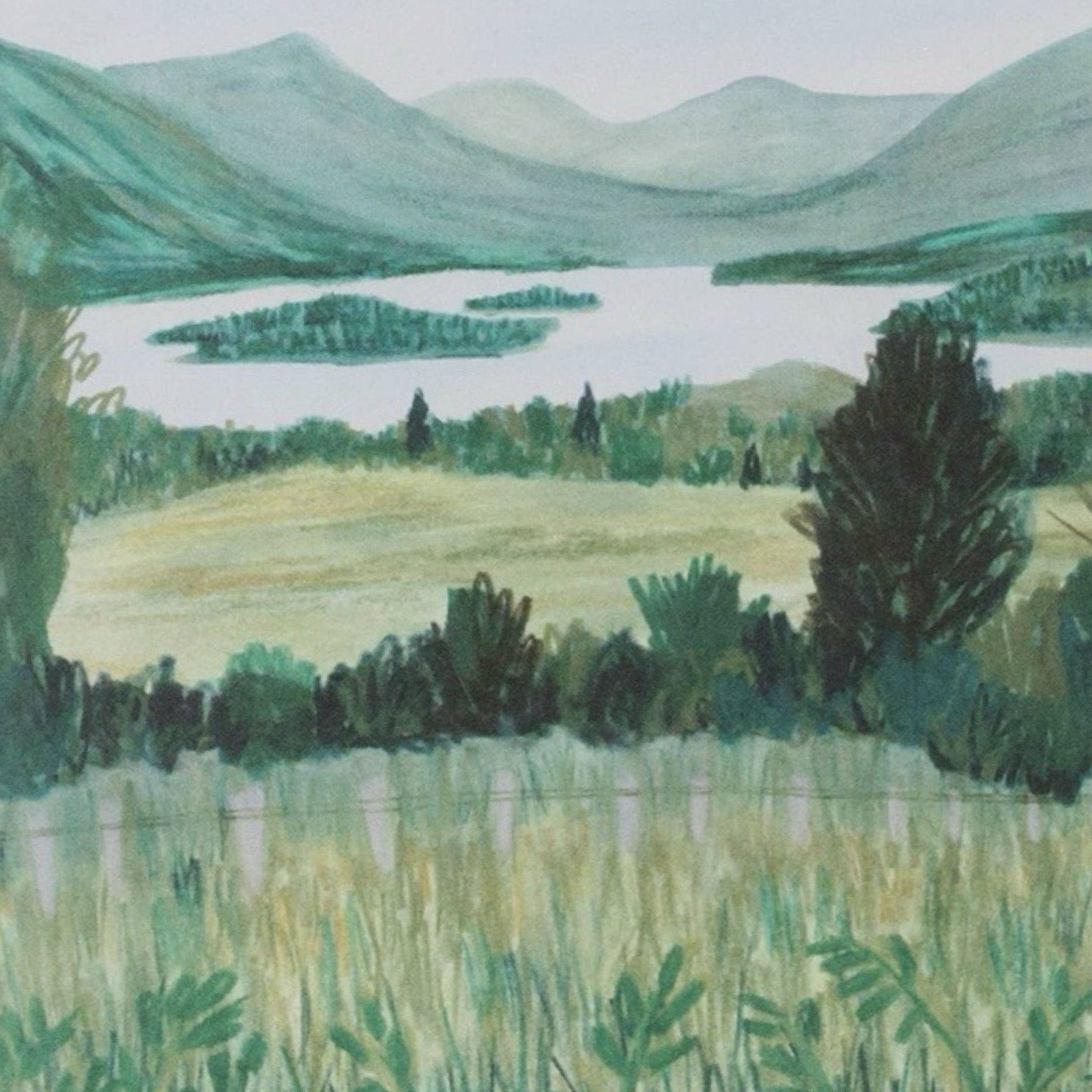 Father's Day card featuring an illustration of a loch surrounded by countryside with mountains behind.