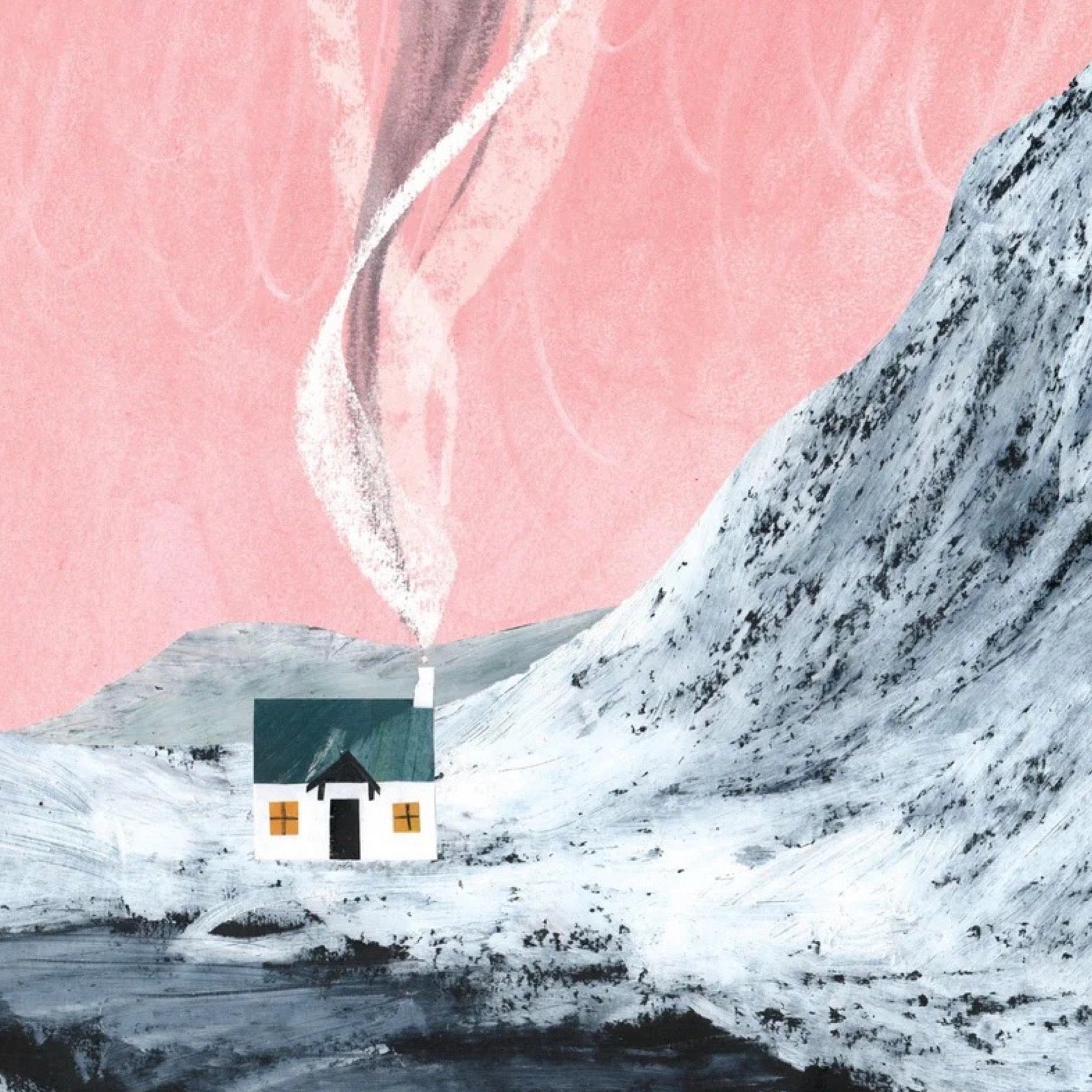 Small house with a chimney emitting smoke against a pink sky and snowy landscape.