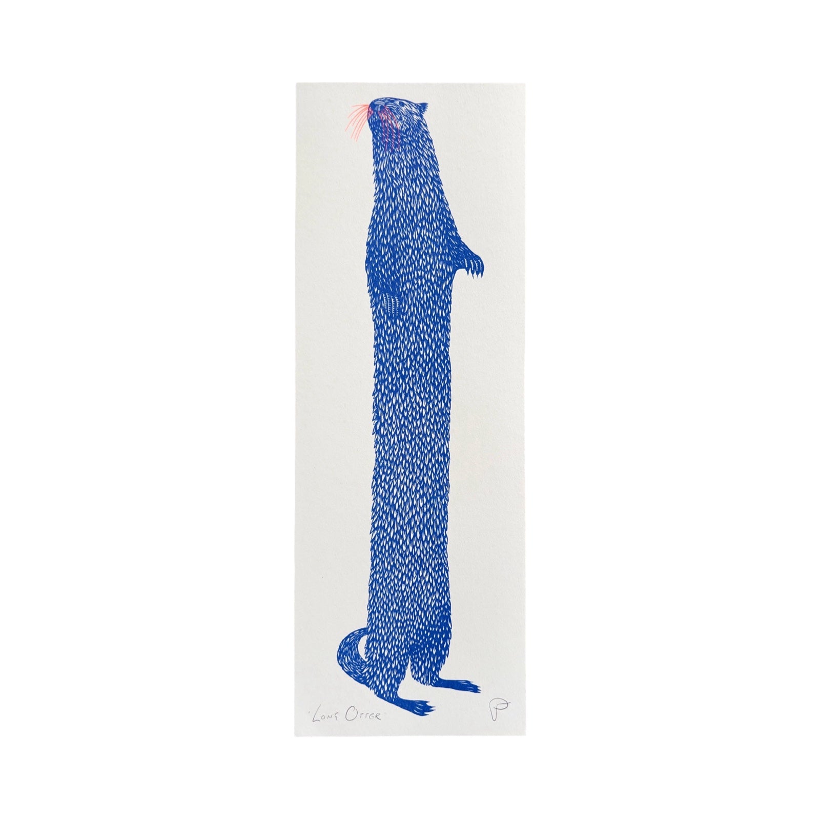 This risograph print features a blue standing otter. 