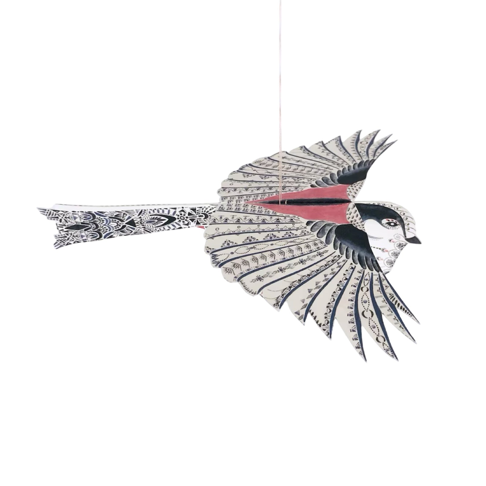 Decorative bird ornament with intricate patterns on a white background.