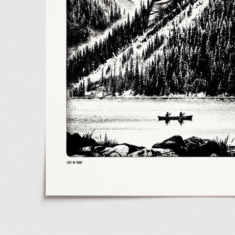Monochrome print featuring a two-man canoe being paddled down a river with mountains behind and a mustard-coloured moon in the sky.