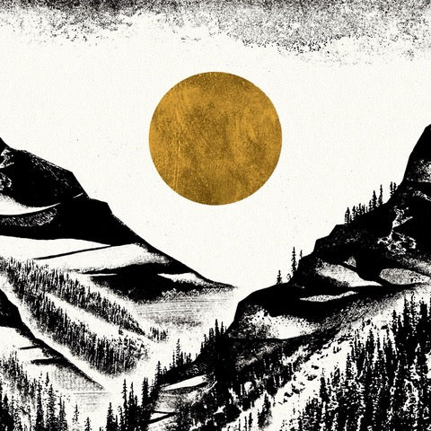 Monochrome print featuring a two-man canoe being paddled down a river with mountains behind and a mustard-coloured moon in the sky.