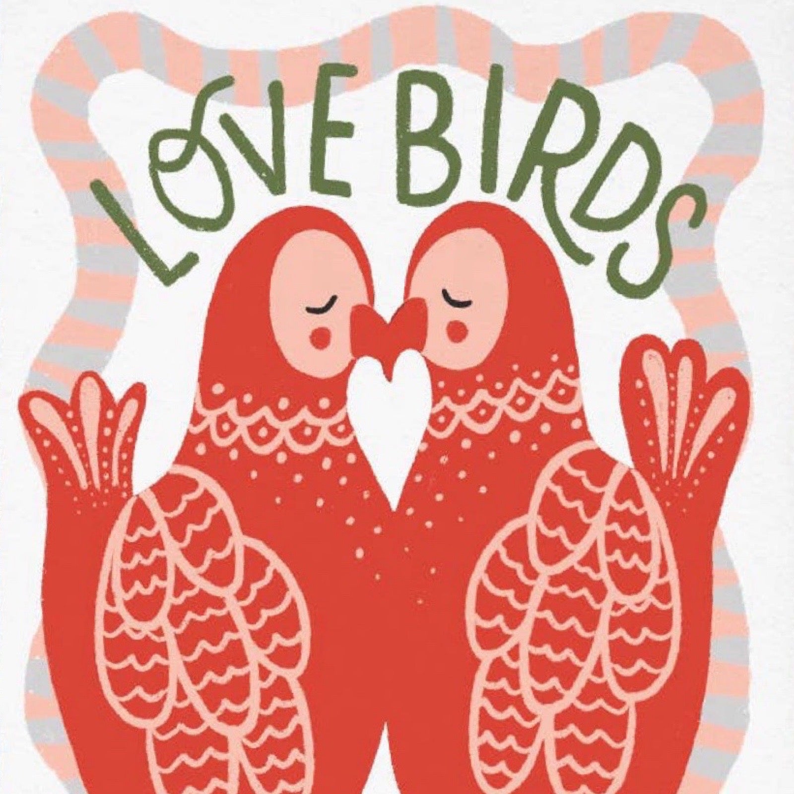 Illustration of two red birds holding a heart with 'LOVE BIRDS' text above.