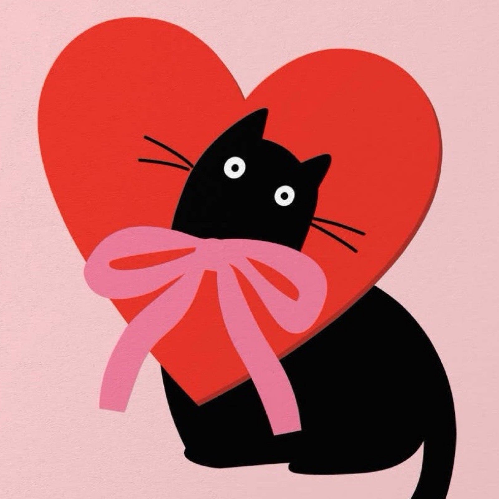 Card with a black cat holding a red heart with a pink bow on a pink background.