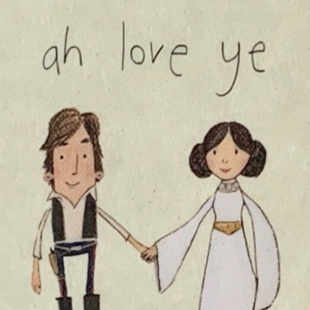 Illustration of a man and woman holding hands with 'ah love ye' text above.