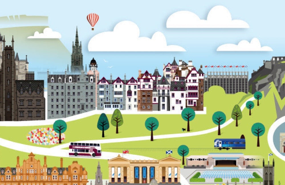 Illustrated cityscape with buildings, trees, and a hot air balloon in the sky.