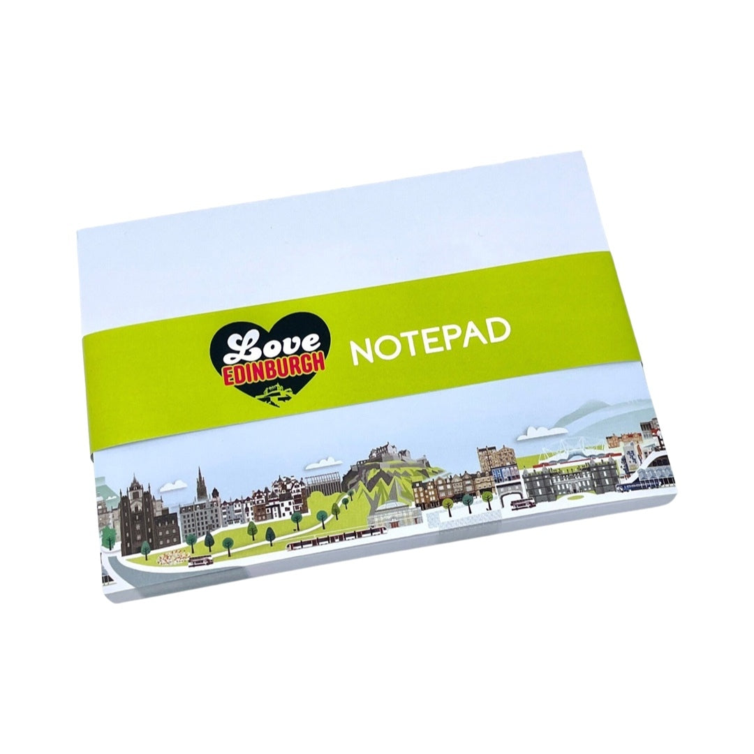 A Love Edinburgh themed A6 notepad with a cityscape design and 'Love That View' branding on the cover.