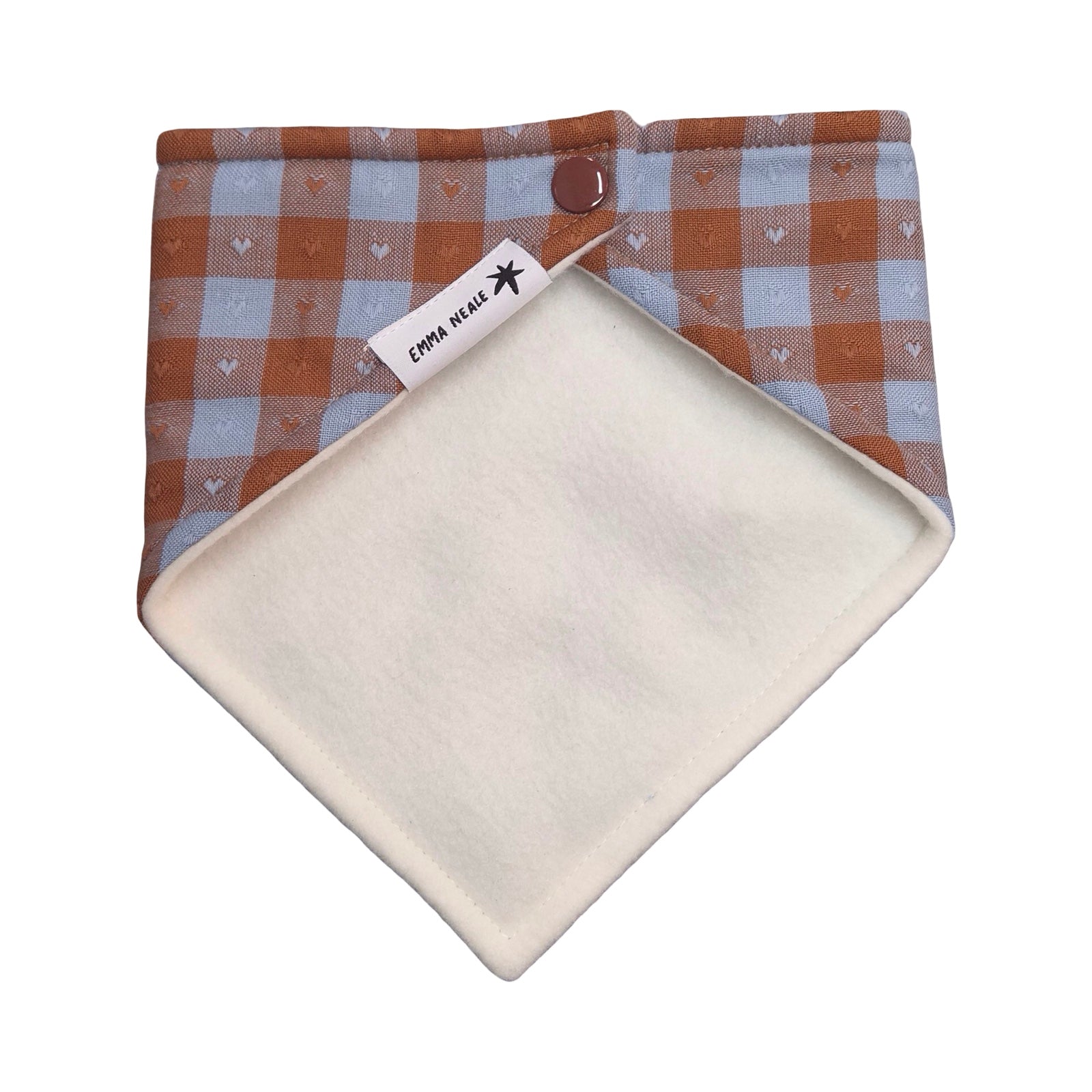 A baby bandana bib with a brown and light blue gingham patterned exterior and a cream-coloured lining, shown on a plain white background.