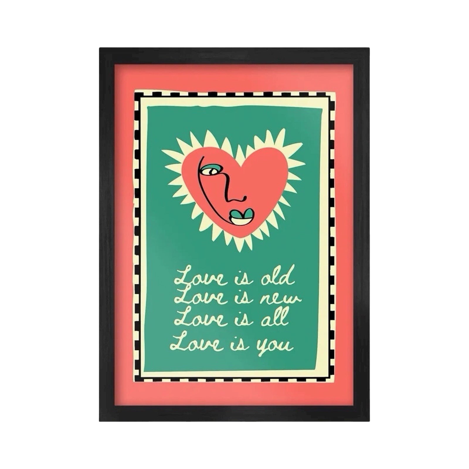 Framed artwork with a heart design and text on a white background.