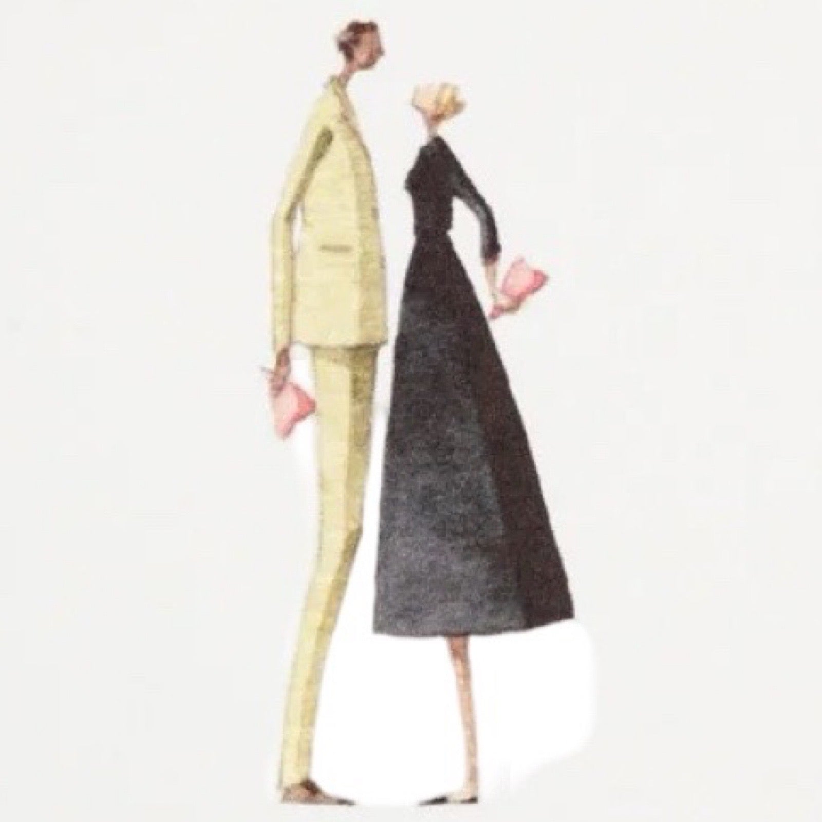 Two figures, one in a yellow suit and the other in a long black dress, holding pink bouquets on a white background.
