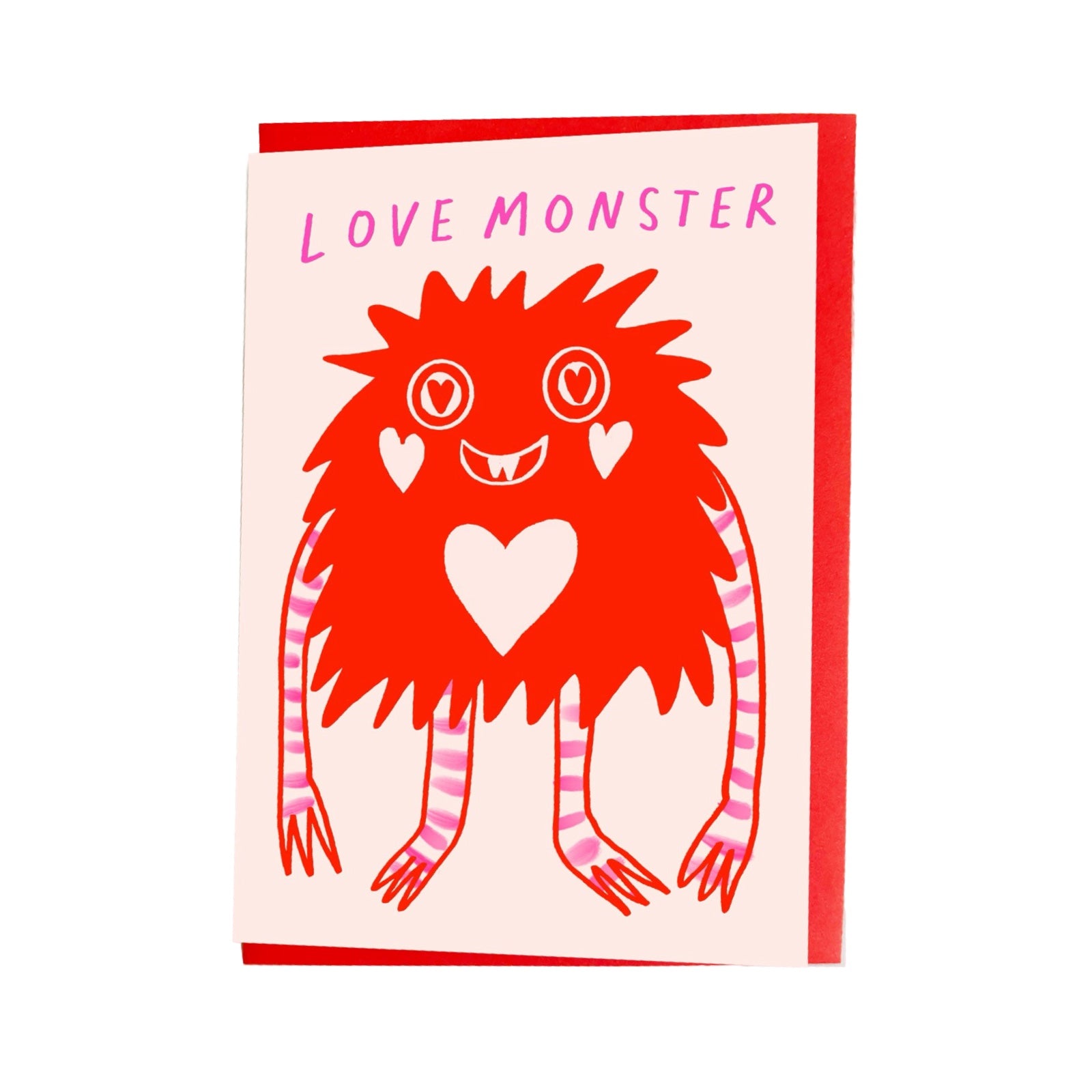 Valentine's card featuring a giant red love monster with a love heart in his belly and the text 'Love Monster'.