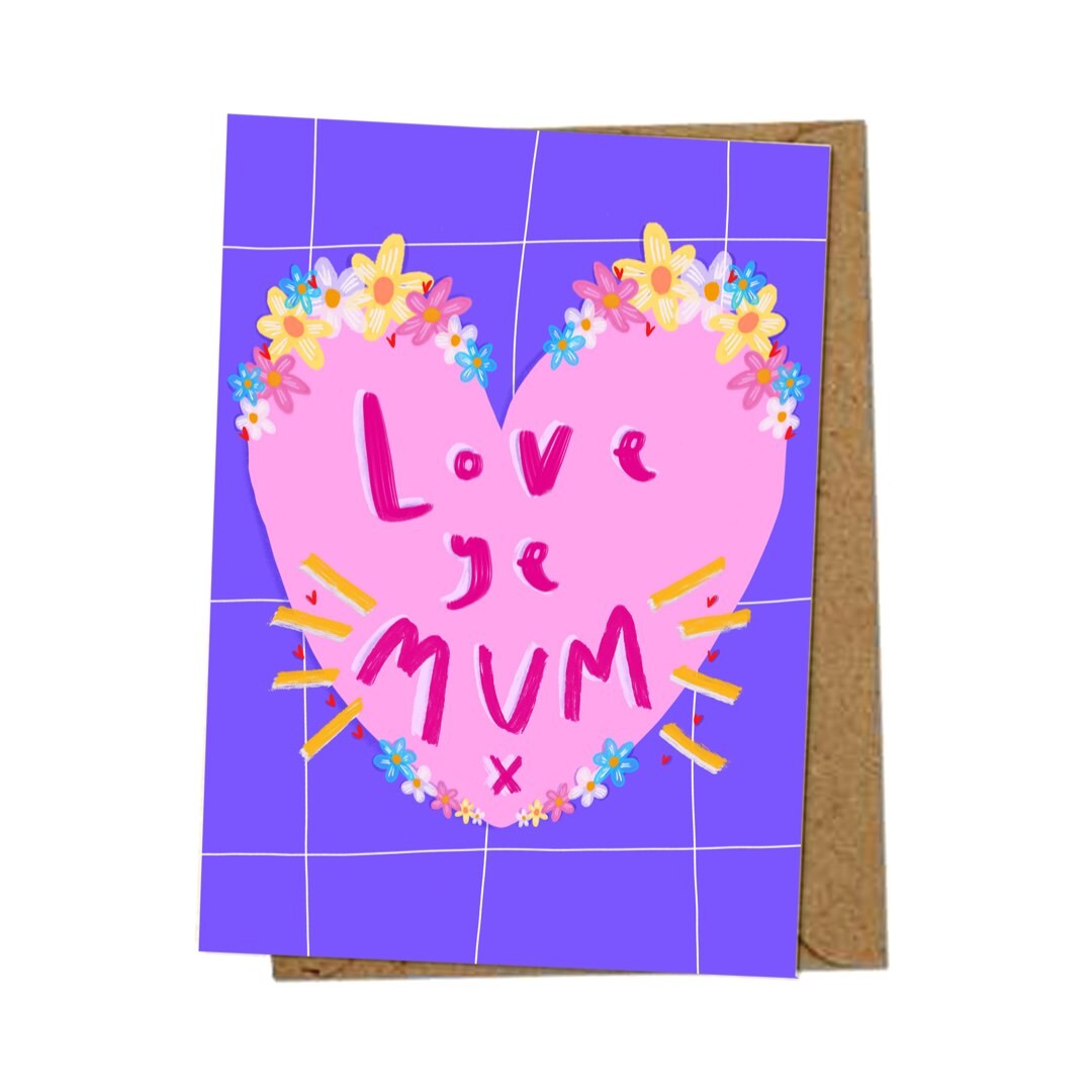 Mother's Day card featuring a giant pink love heart with flowers and the text "Love ye mum' all against a purple and pink checked background. 