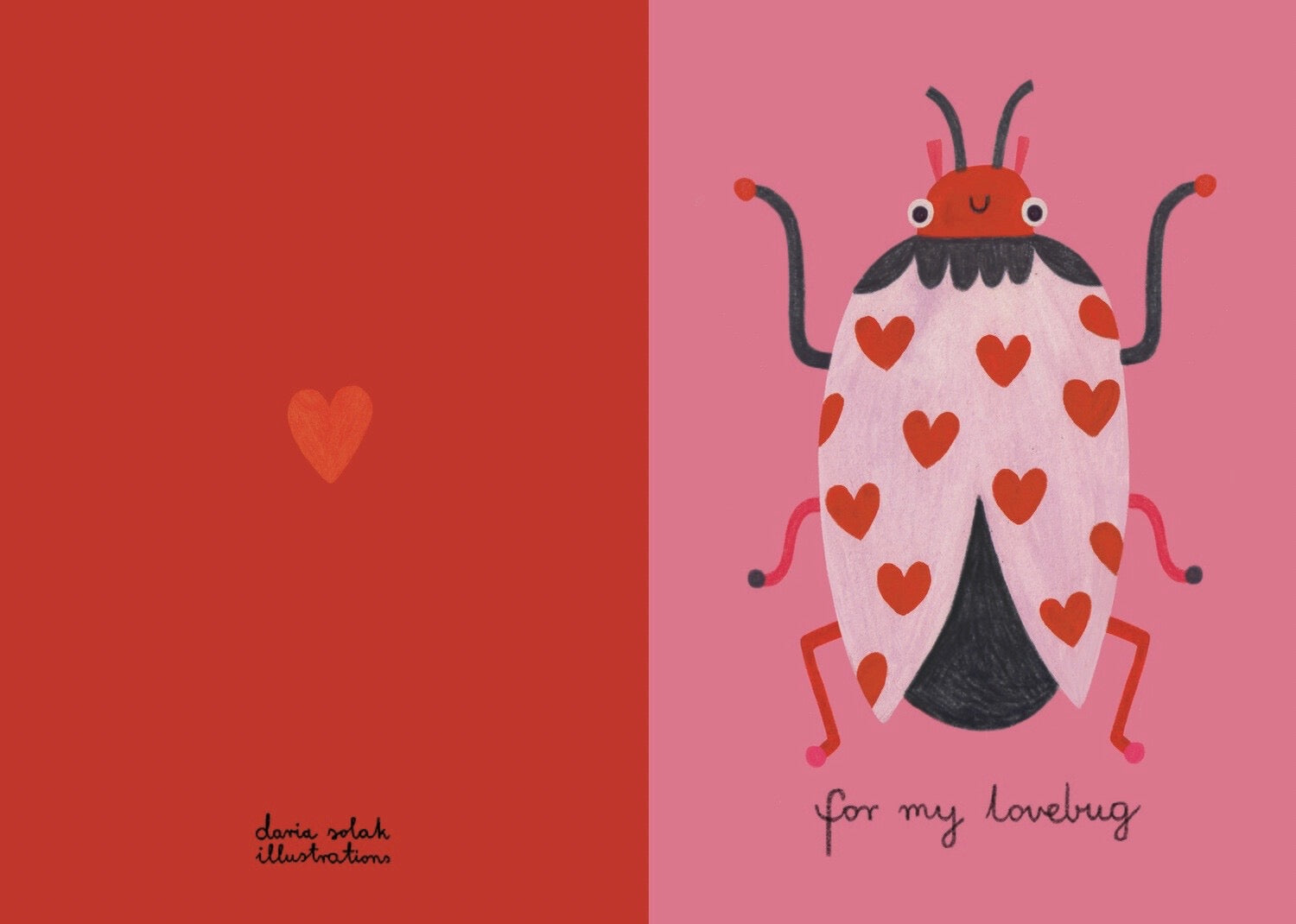 Illustration of a lovebug with heart patterns on a pink background, with text 'for my lovebug' and a heart symbol.