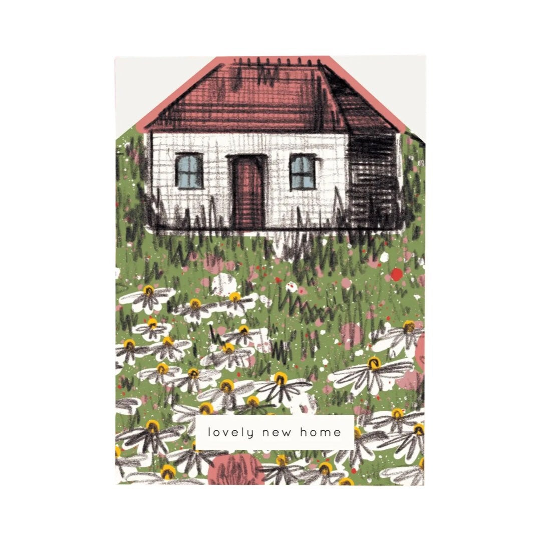 New home card featuring an illustration of a cabin with a red roof and door in a wildflower meadow