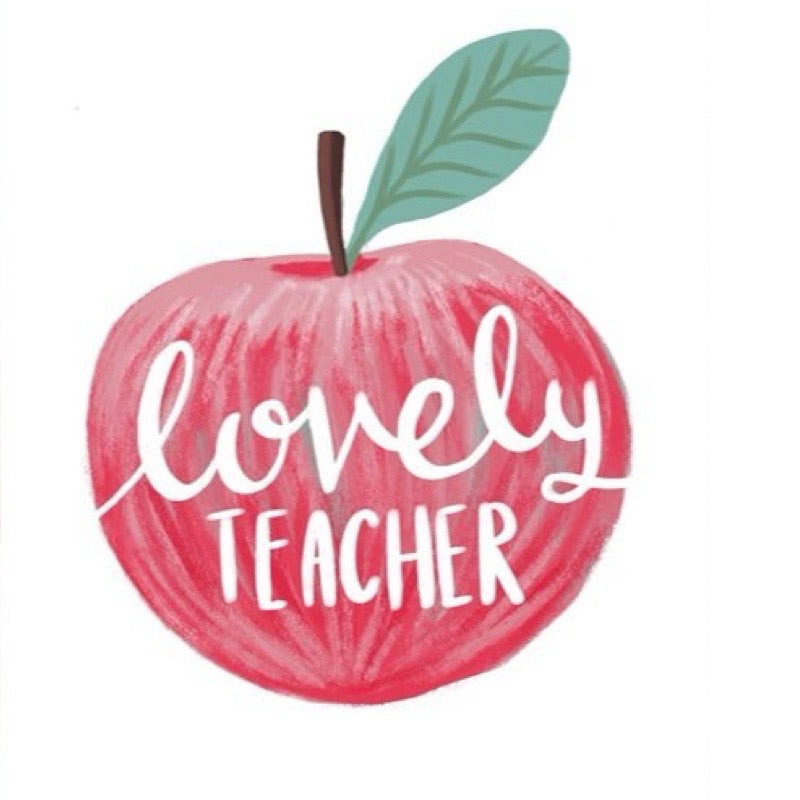 Card featuring an illustration of a red apple and the text 'Lovely Teacher'.