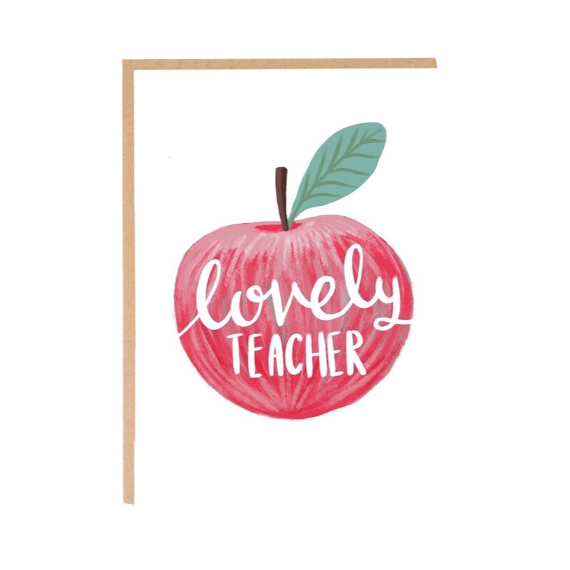 Card featuring an illustration of a red apple and the text 'Lovely Teacher'.