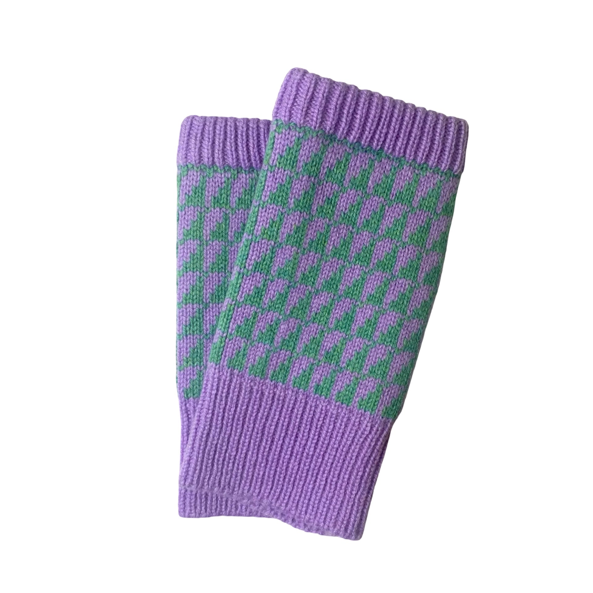 Lupin purple and green patterned wrist warmers have a matching lupin cuff and trim. 