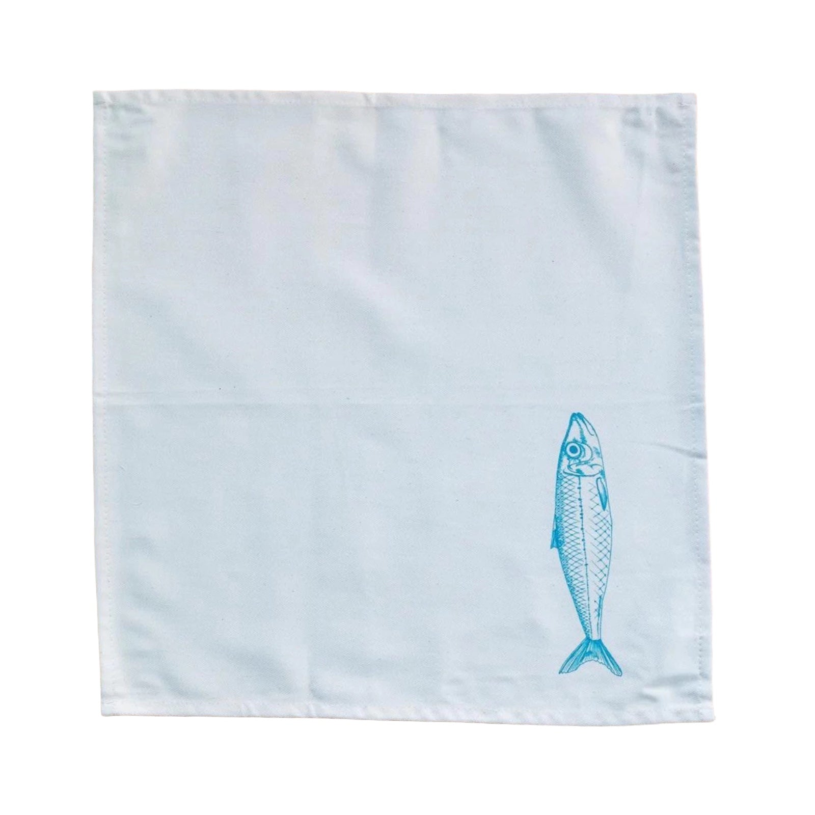 Screen-printed cream serviette featuring an original illustration of a mackerel in blue.
