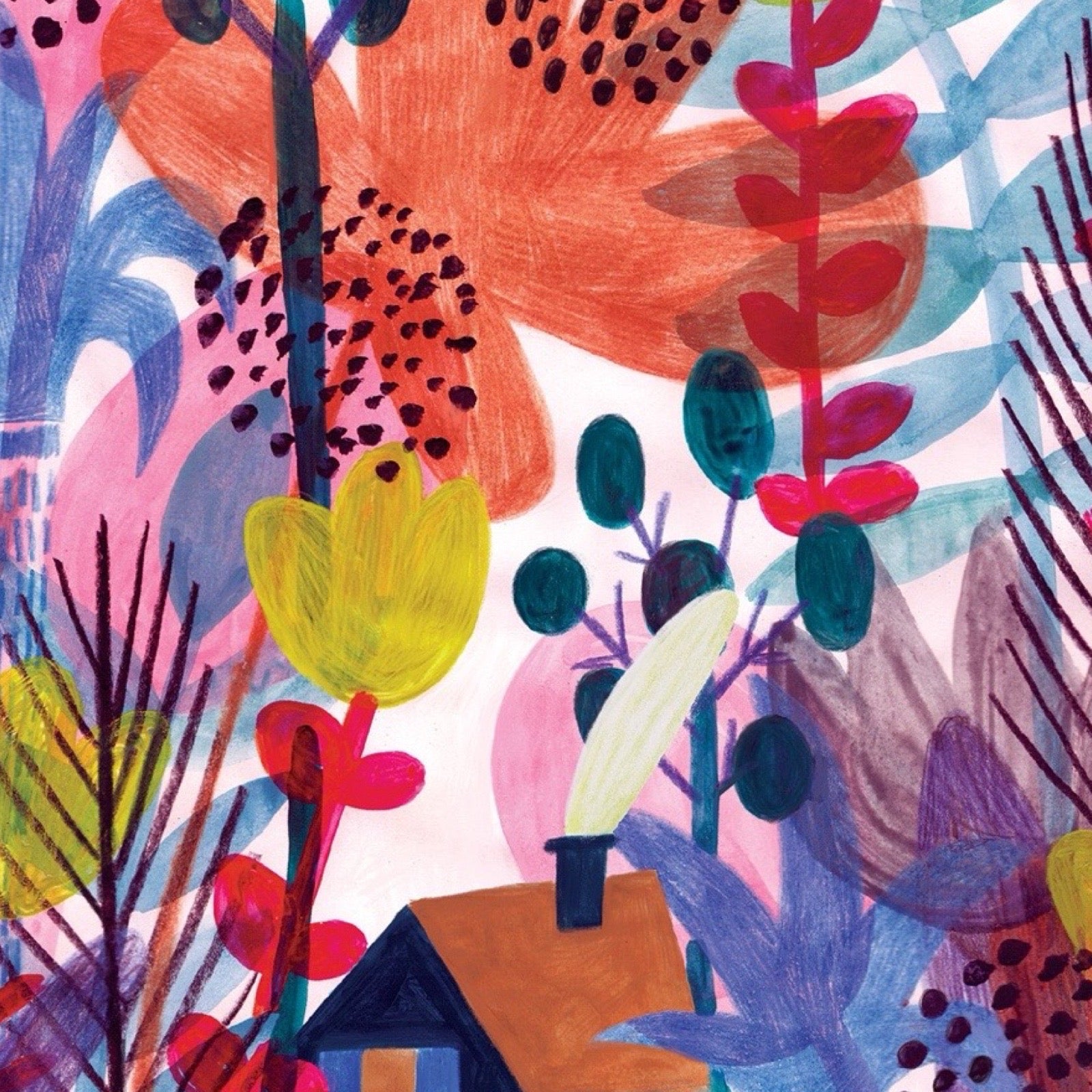 Colourful abstract illustration of plants and flowers with a house in the background.