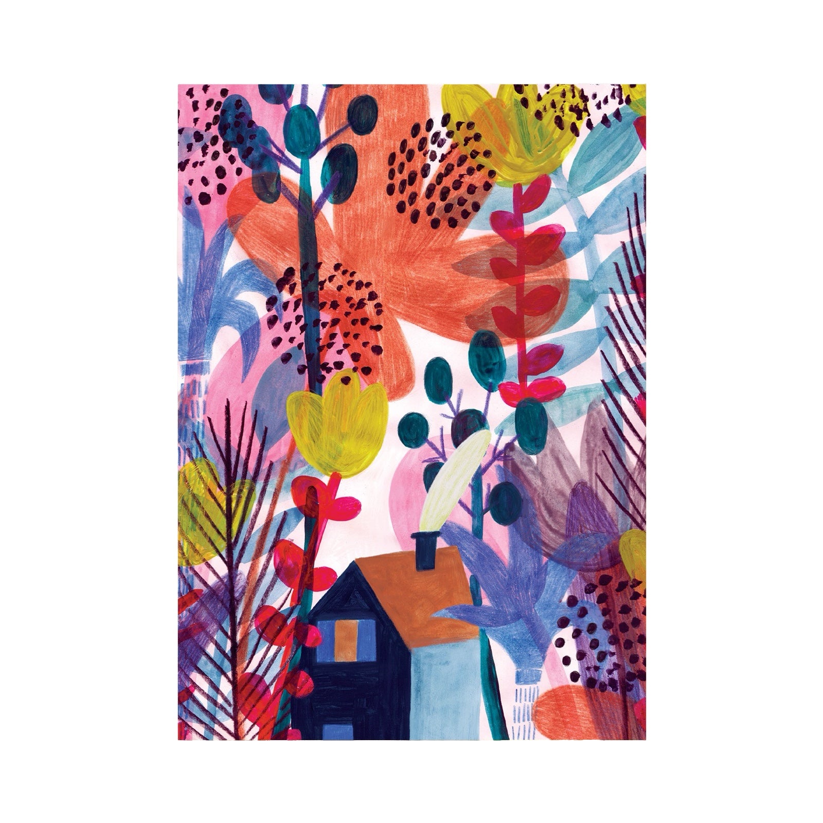 Notebook featuring a small house in the middle of a colourful magic garden on the front cover