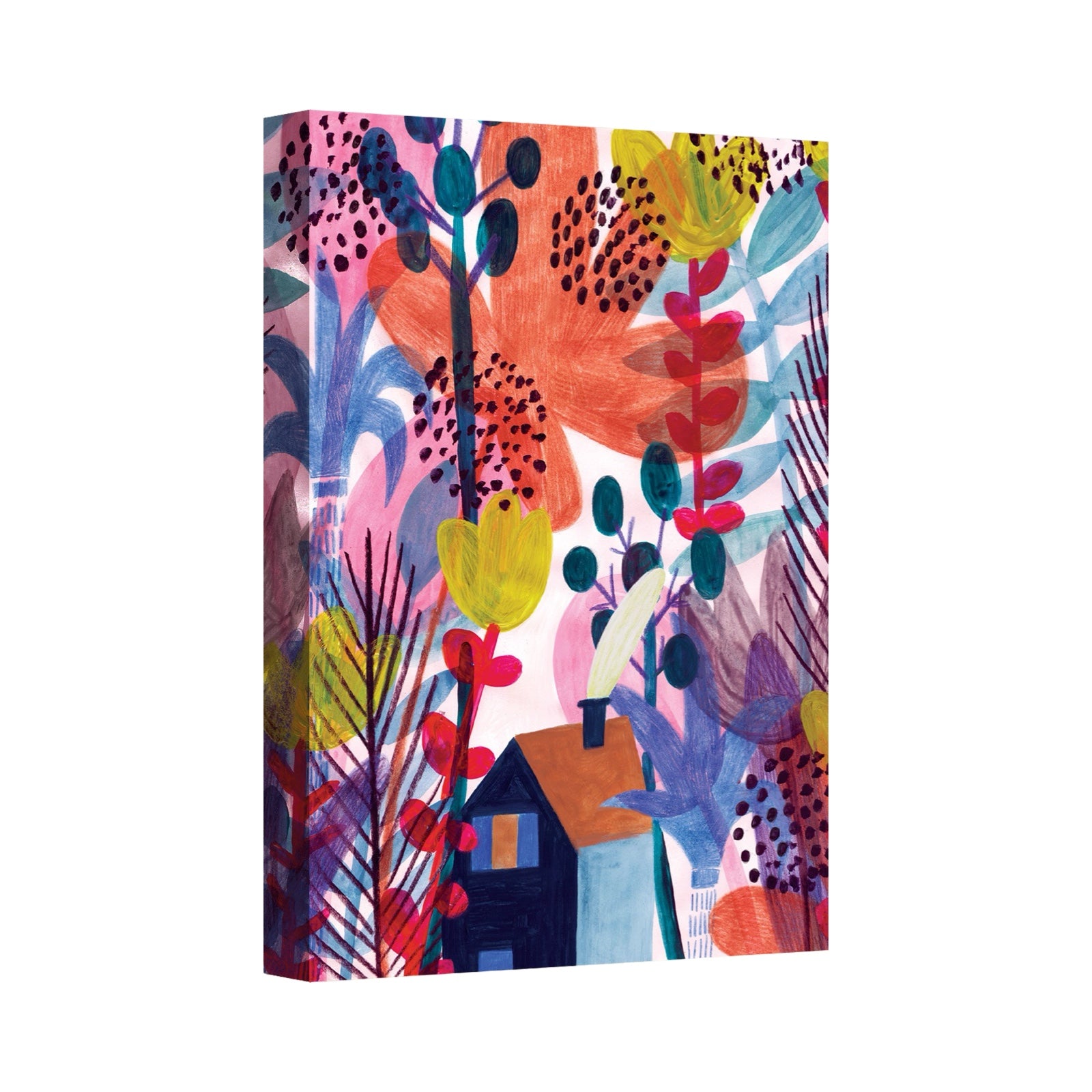 Notebook featuring a small house in the middle of a colourful magic garden on the front cover