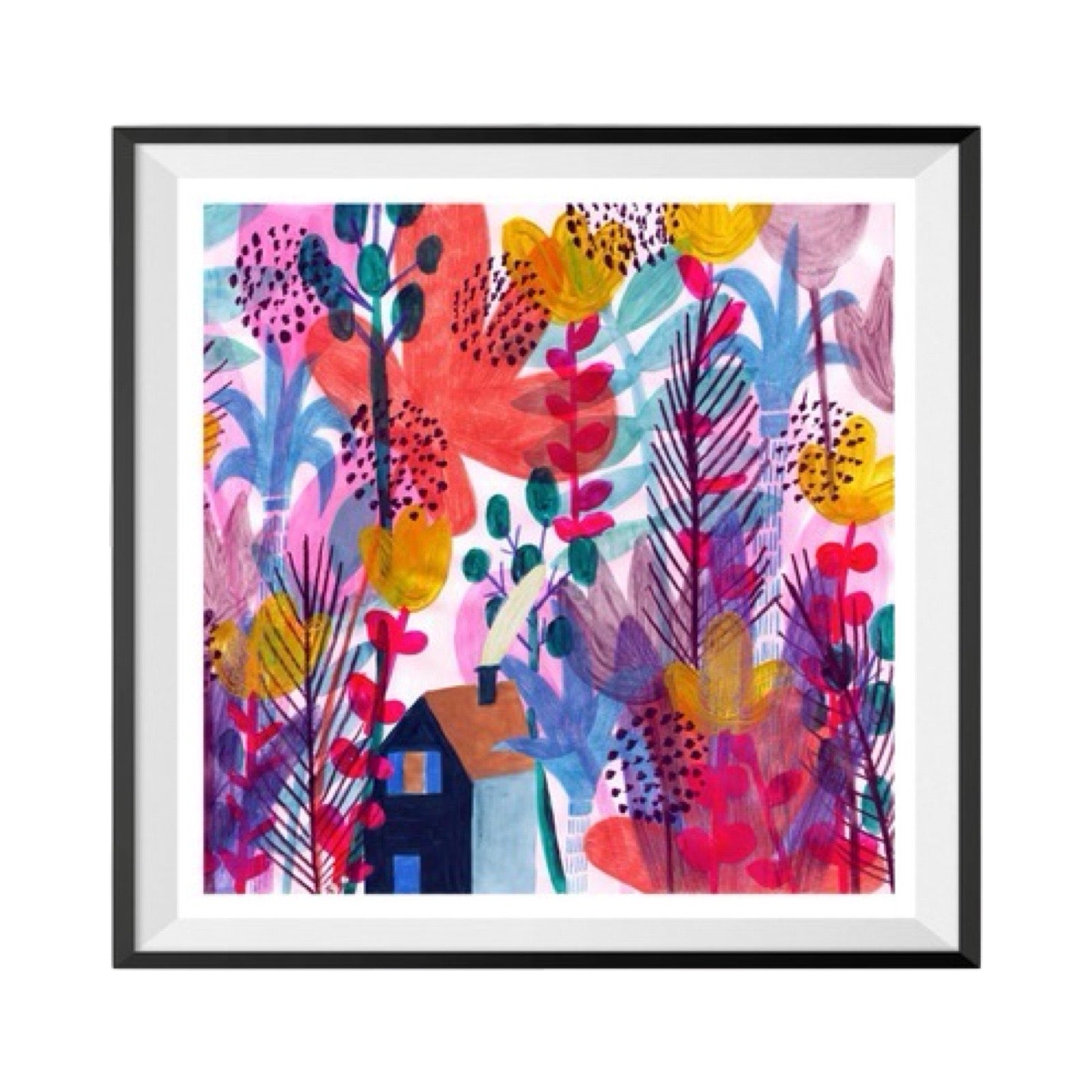 This art print features a small house in the middle of a colourful magic garden.