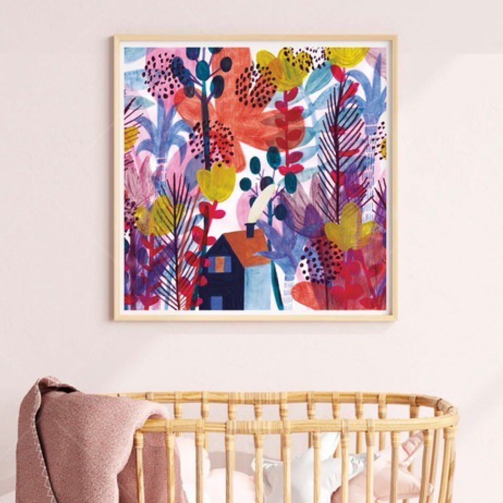 This art print features a small house in the middle of a colourful magic garden.