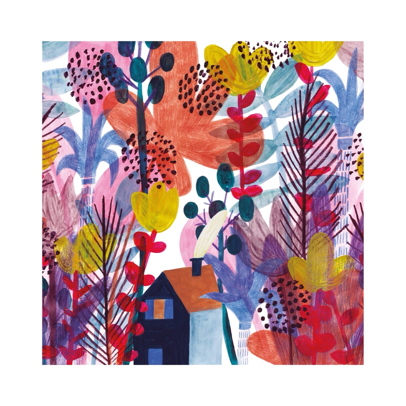 This art print features a small house in the middle of a colourful magic garden