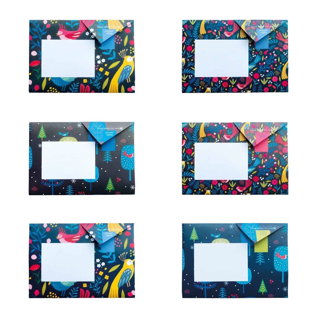 The magical menagerie pigeon pack contains 6 sheets of illustrated paper, each sheet features a bird, feathers and tree design. 