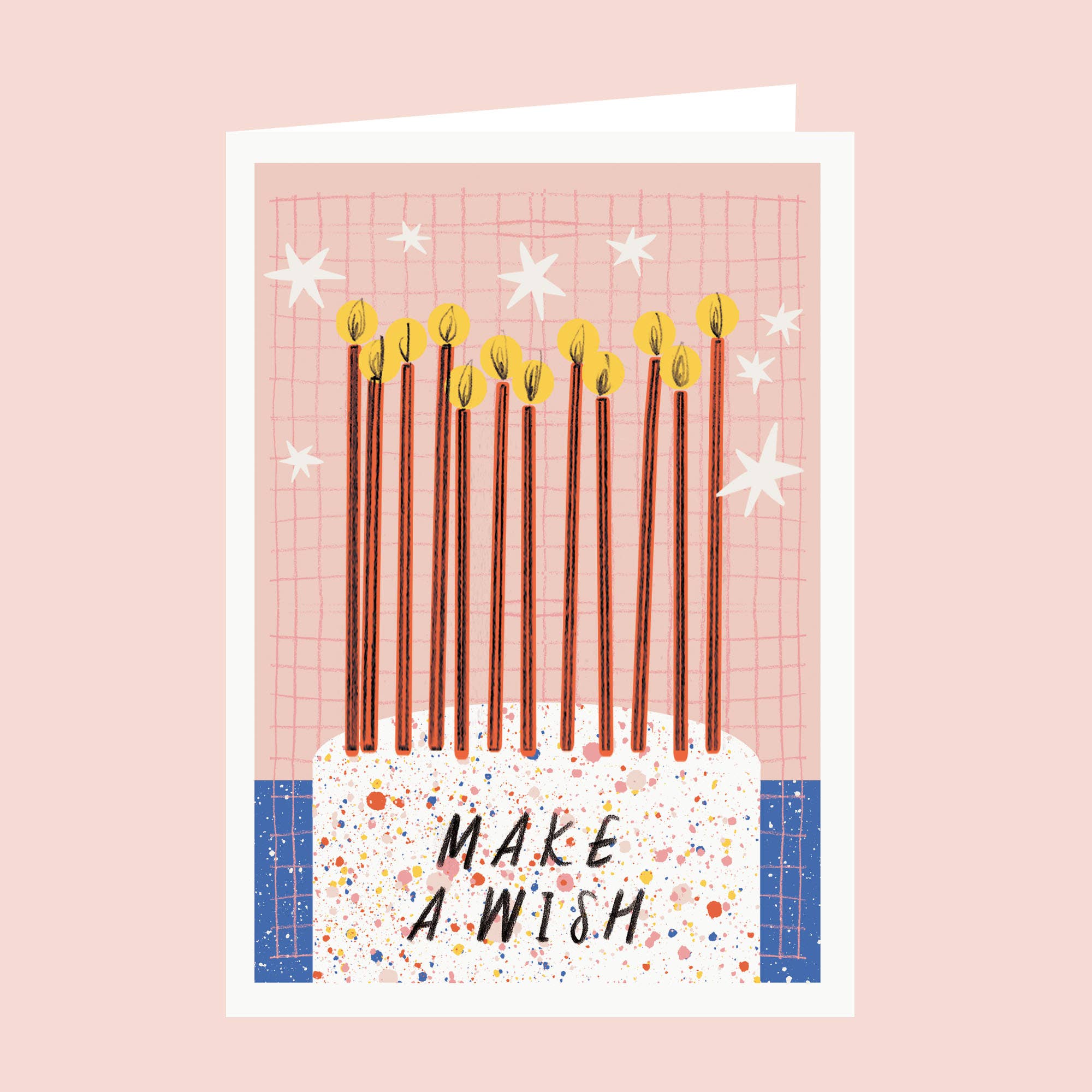 Greeting card with candles and 'Make a Wish' text on a pink background.