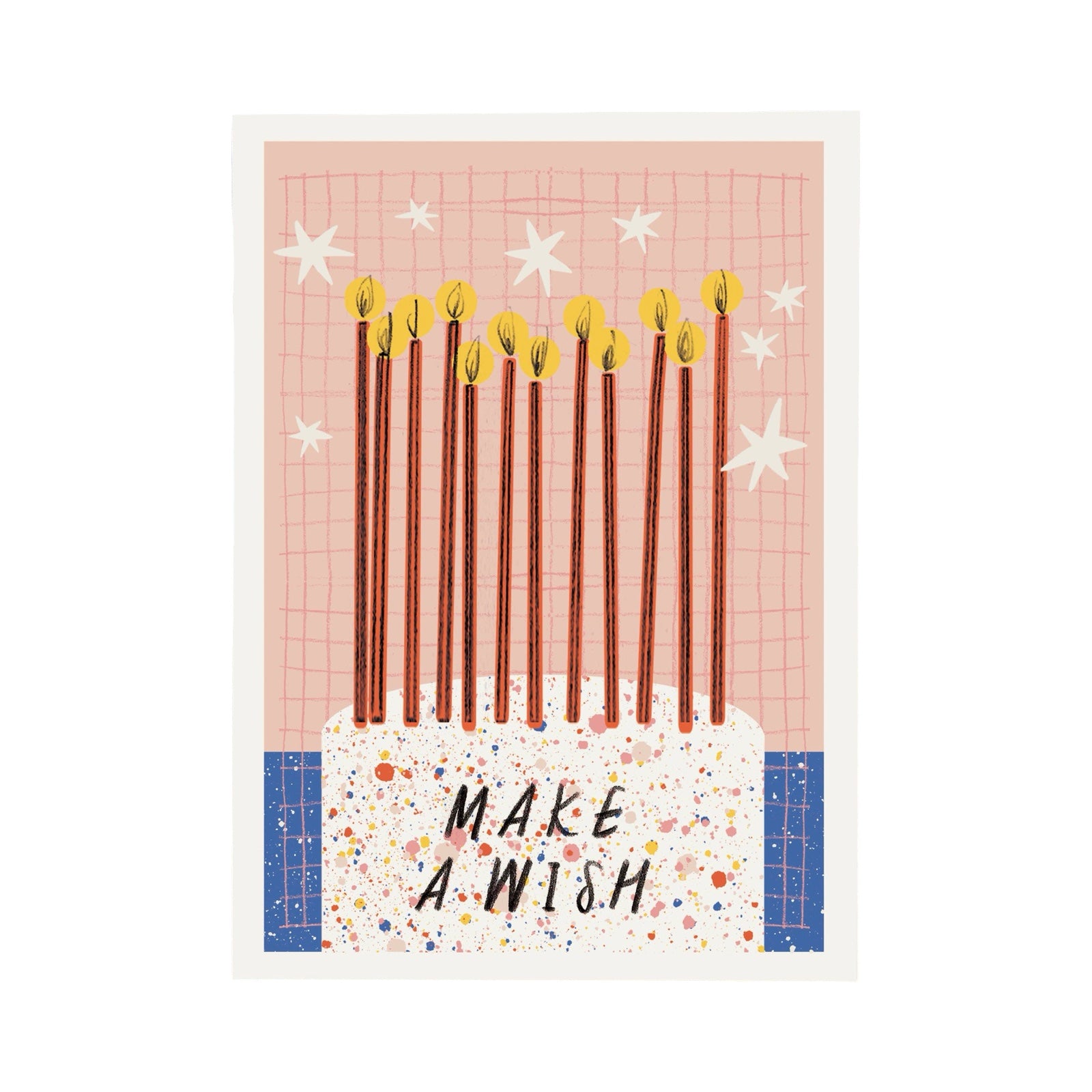 Card with lit candles and 'Make a Wish' text on a pink grid background.