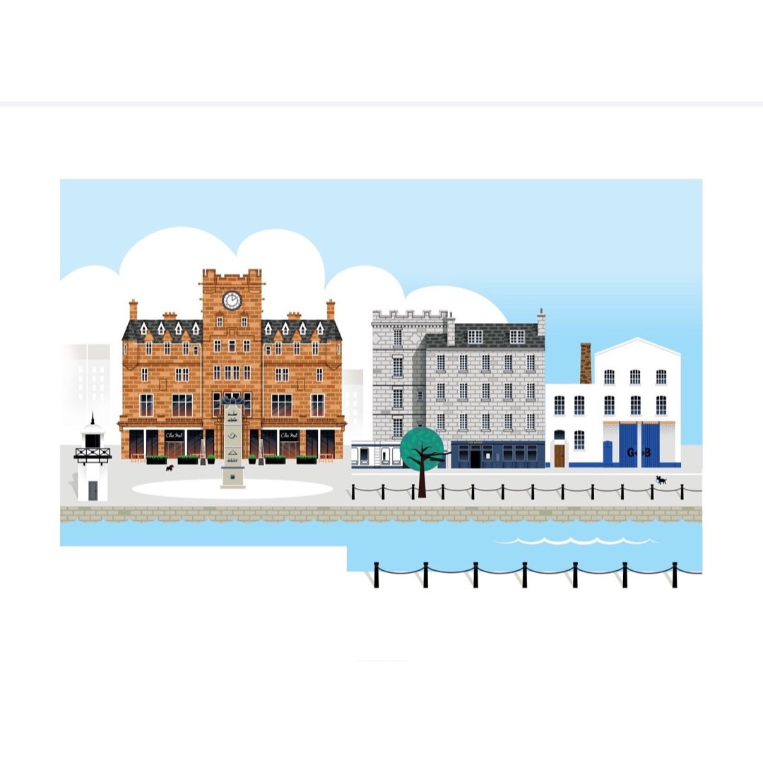 An illustration of a postcard featuring a waterfront scene in Leith, Edinburgh, with a series of buildings, a statue, and a blue and white envelope.