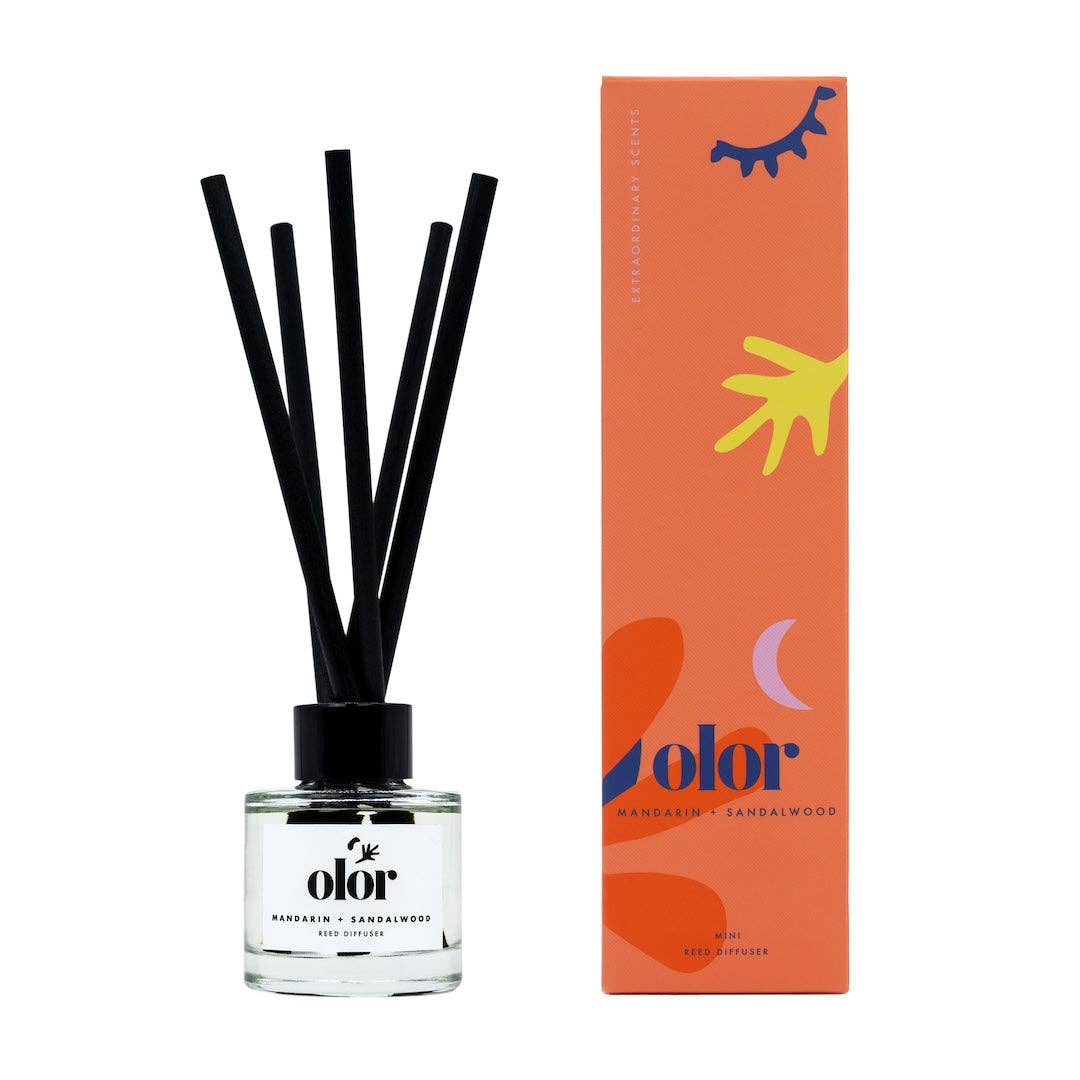 Reed diffuser with black sticks and a colorful box on a white background
