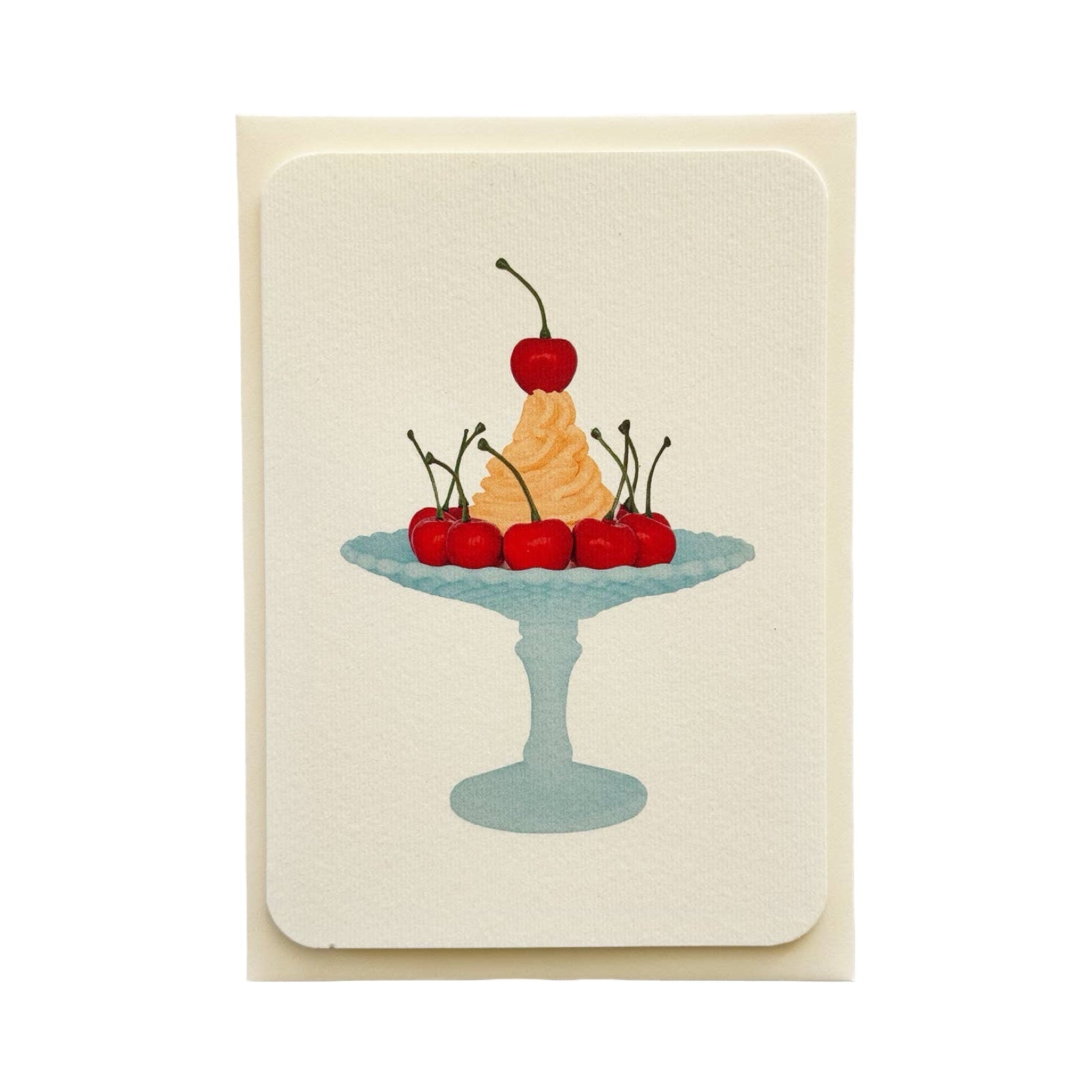 Card with cream and cherries on a cake stand illustration.