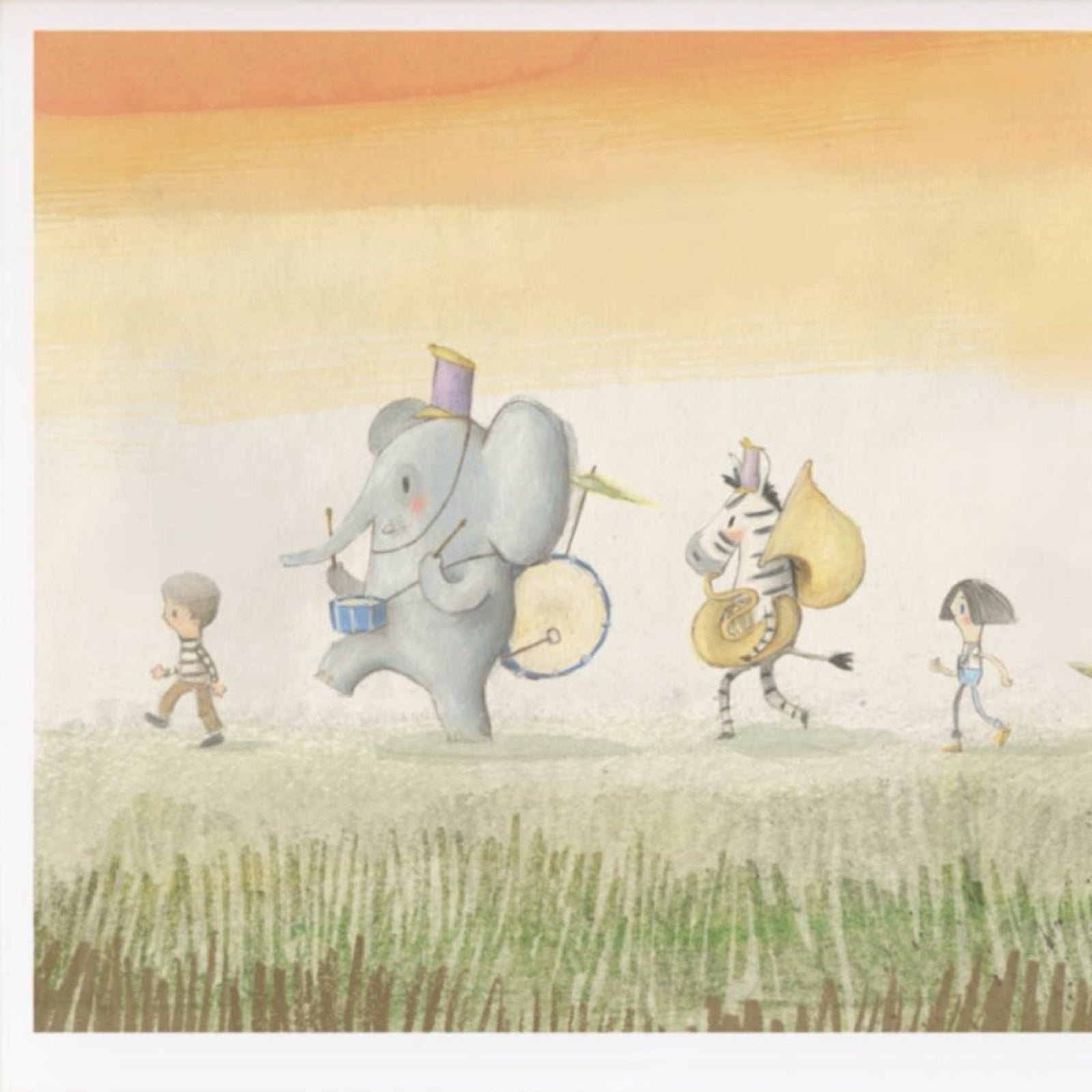 Print of an animal marching band, featuring an elephant and a zebra alongside some children. 