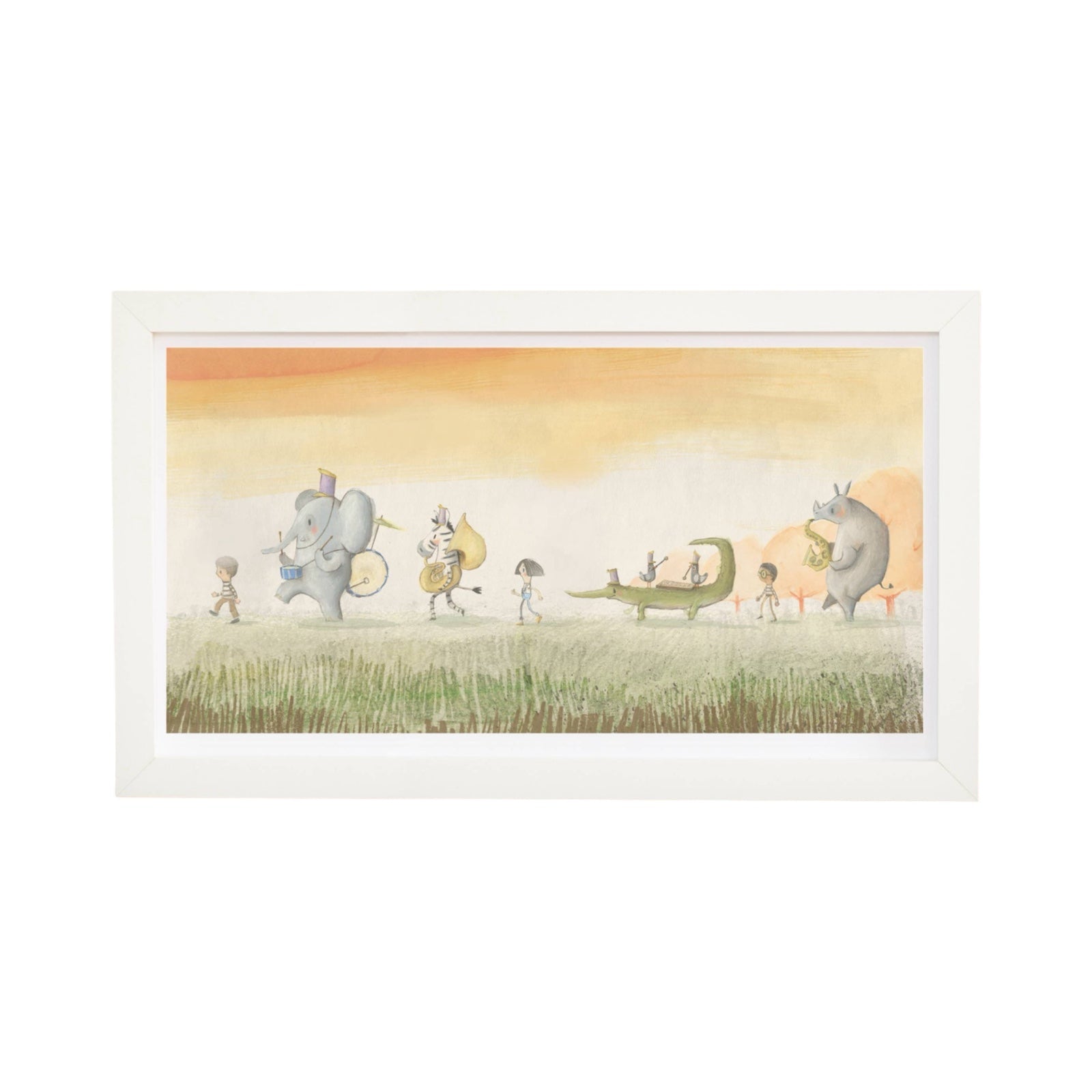 Print of an animal marching band, featuring an elephant, rhino, alligator and a zebra alongside some children. 