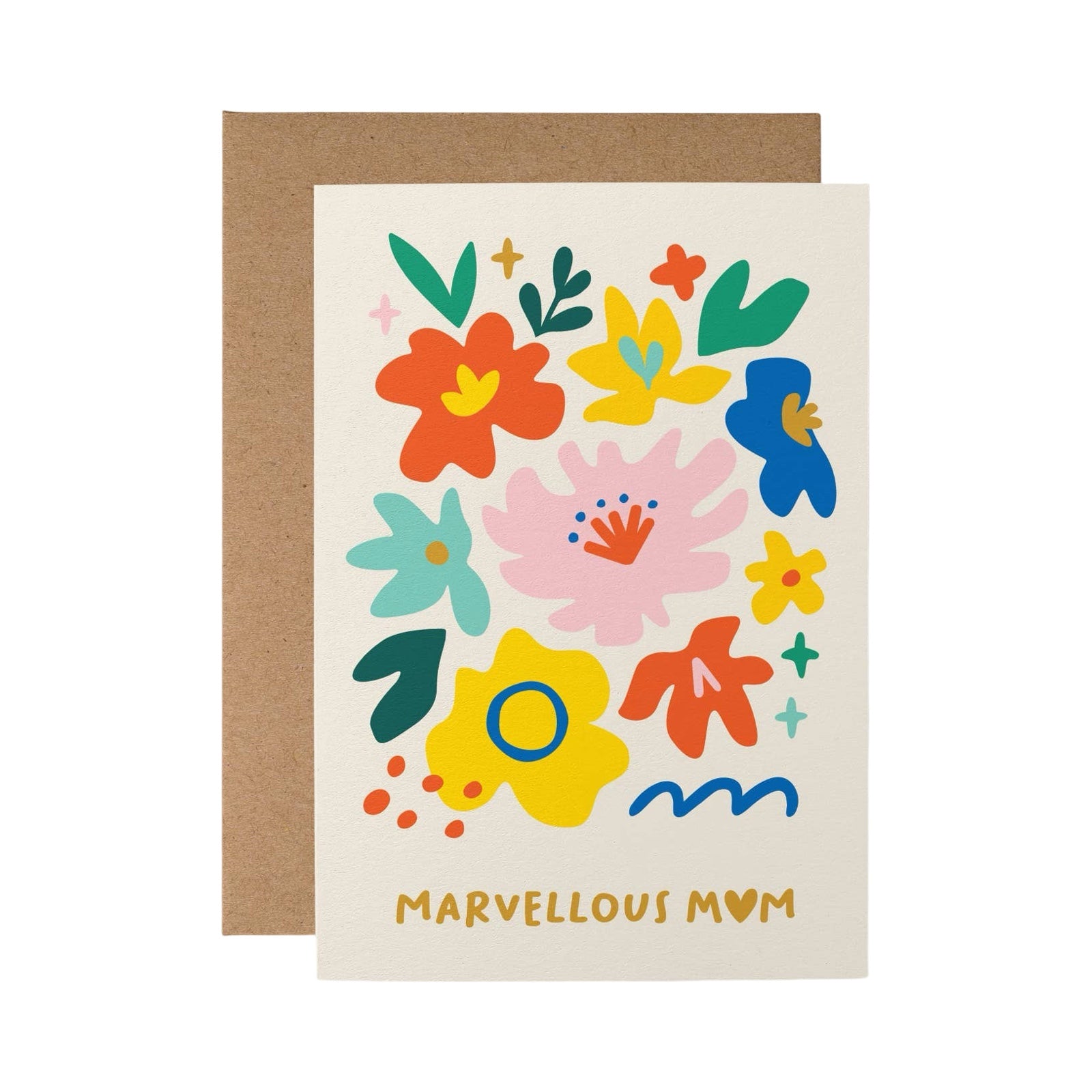 Card for mum featuring bright colourful flowers against a cream background and the text 'Marvellous Mum'