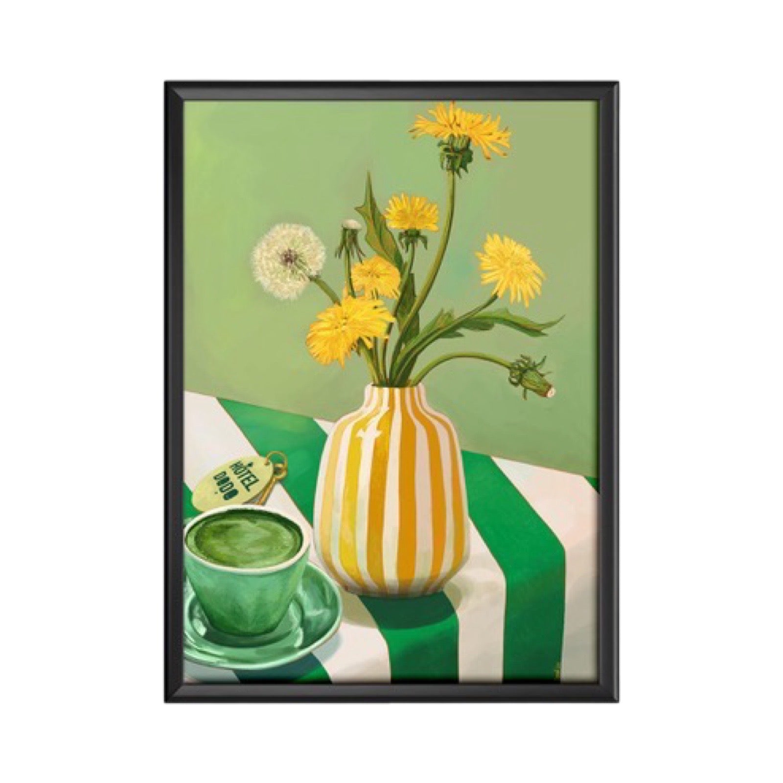 Green and yellow print featuring a gold and white striped vase with a bunch of yellow and white flowers sitting on a table with a green and white strip tablecloth and a cup of tea.