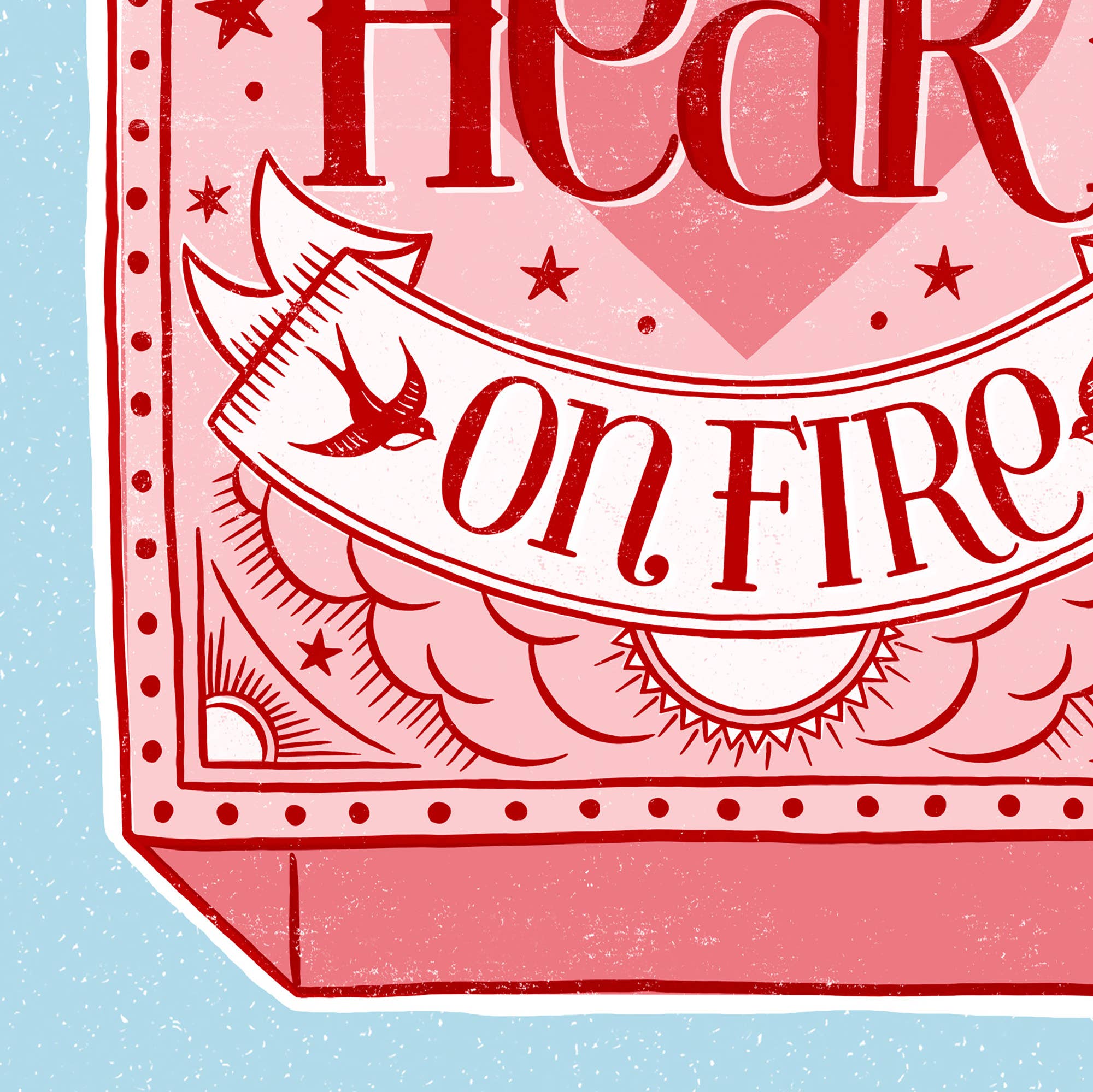 Decorative design with 'Heart on Fire' text and heart symbol on a pink and blue background.