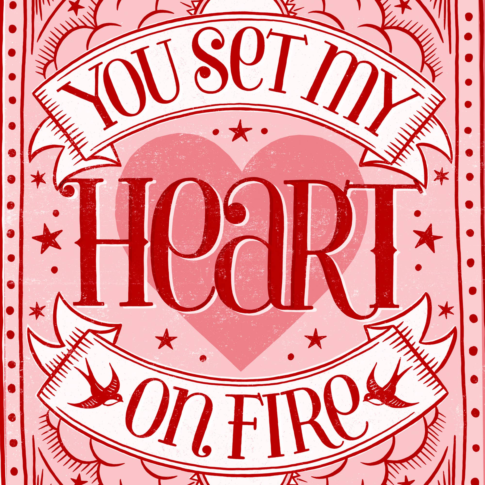 Heart-themed graphic with text 'You set my heart on fire' on a pink background.