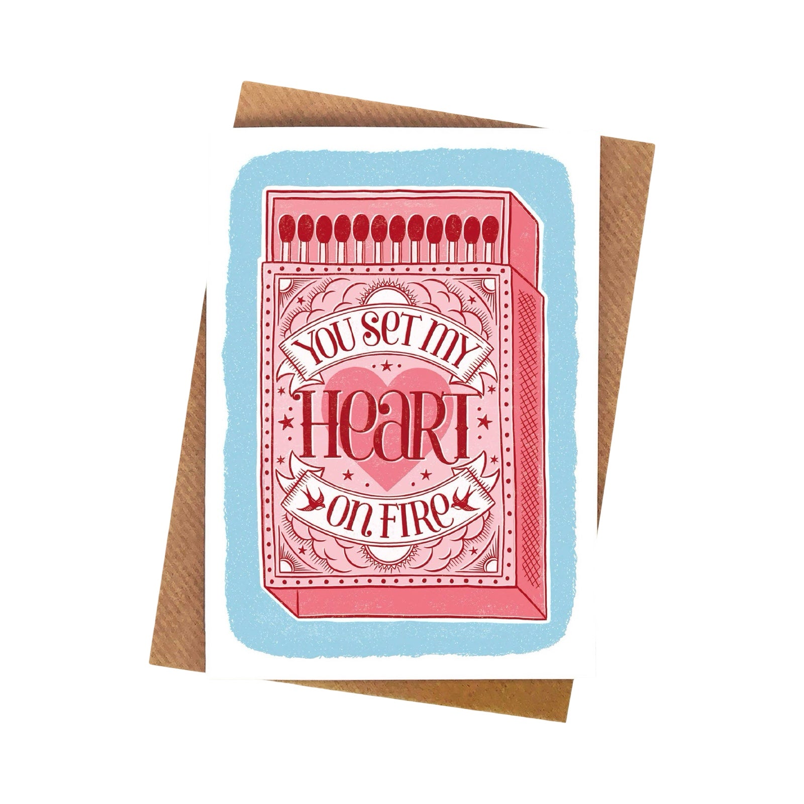 Greeting card with romantic message, with a brown envelope on a white background.