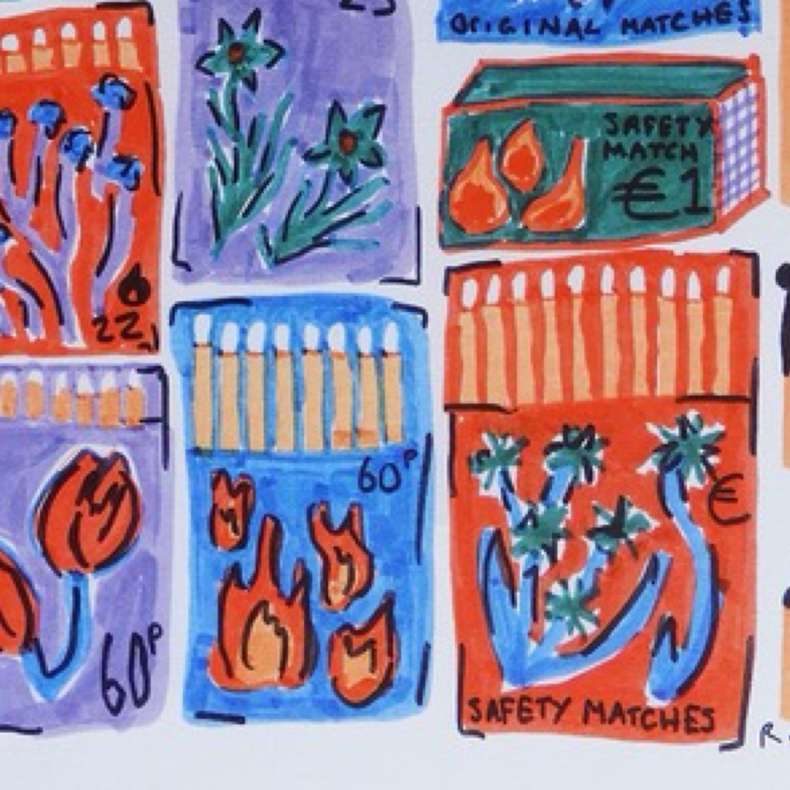 Colorful illustration of matchboxes.