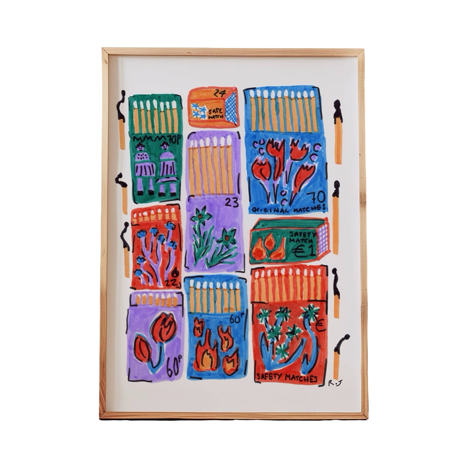Framed artwork with colorful patterns and text on a white background.