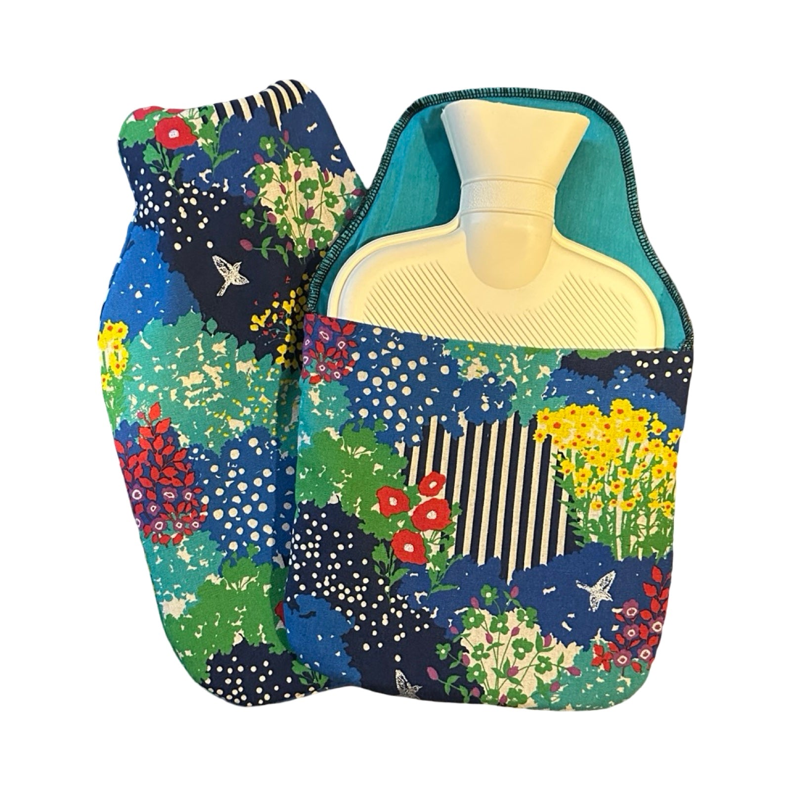 This hot water bottle cover is made from a layer of blue canvas with a meadow pattern on the outside, a layer of bright turquoise cotton on the inside.