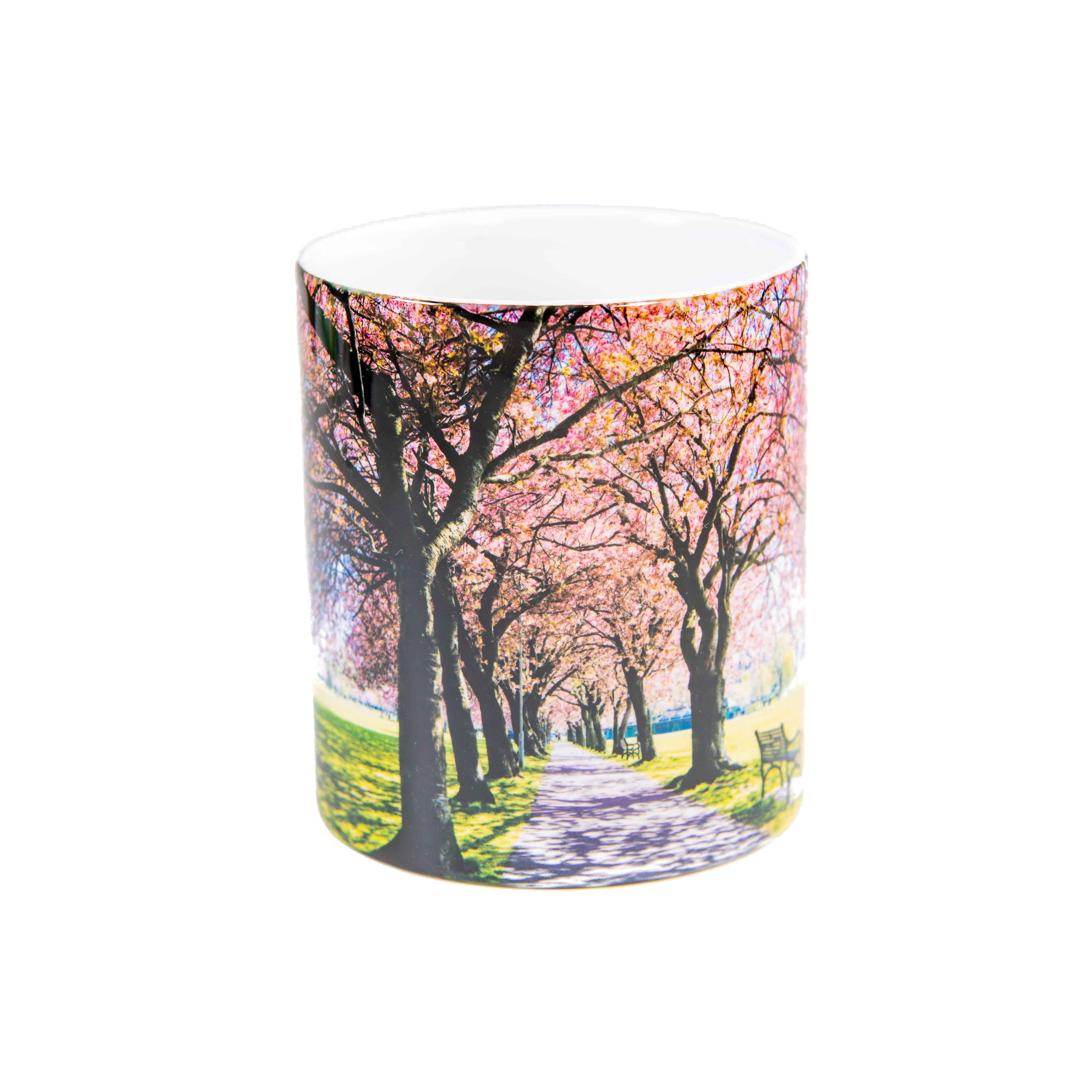 An image of a mug with a picture of the Meadows Edinburgh on it. 